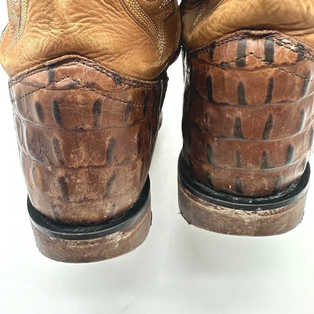 Old West Brown Leather Embroider Caiman Print Western Cowboy Boots Boys Youth 5D